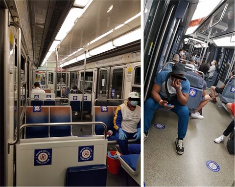 ある日のパリの地下鉄の車内。清掃員（写真左の手前の男性）による消毒はマスク着用で定期的に行われている。乗客（写真右の手前の男性）の中にはマスクを着用せずに、顔を手で触れるなど防疫意識は薄まっているように見受けられる